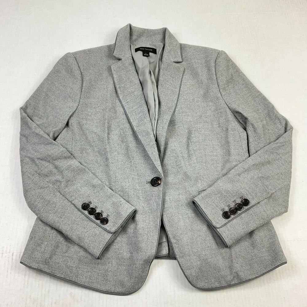 Ann Taylor Wool Blend Blazer Gray Button Front Pockets Long Sleeve Jacket Size 2